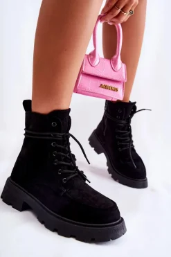 Damskie Zamszowe Botki Wiązane Czarne Vanita