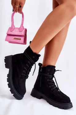 Damskie Zamszowe Botki Wiązane Czarne Vanita