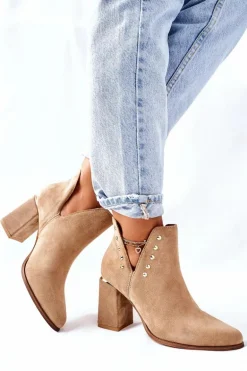 Damskie Zamszowe Botki Z Wycięciami Lewski Beżowy Piasek 3075