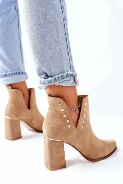 Damskie Zamszowe Botki Z Wycięciami Lewski Beżowy Piasek 3075