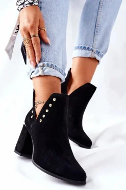 Damskie Zamszowe Botki Z Wycięciami Lewski Czarne 3075