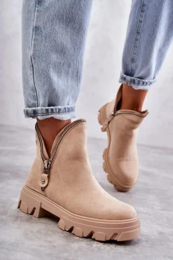 Damskie Zamszowe Botki Z Wycięciami Beżowe Rhythm