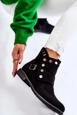 Damskie Zamszowe Botki Z Klamrą S. Barski Czarne Merk