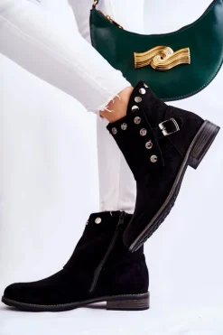 Damskie Zamszowe Botki Z Klamrą S. Barski Czarne Merk