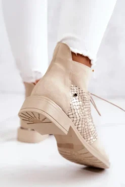 Damskie Zamszowe Botki Z Wężowym Wzorem Jasnobeżowe Lemar Sonroe