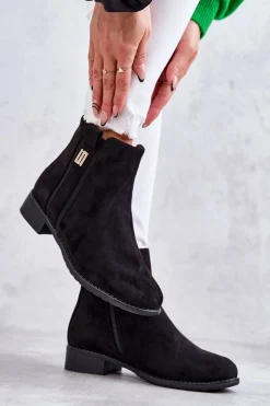 Damskie Zamszowe Botki Z Ozdobą Czarne Giana