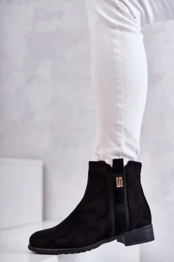 Damskie Zamszowe Botki Z Ozdobą Czarne Giana