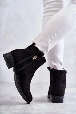 Damskie Zamszowe Botki Z Ozdobą Czarne Giana