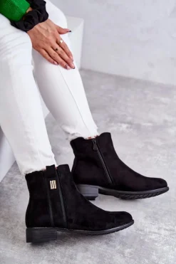 Damskie Zamszowe Botki Z Ozdobą Czarne Giana