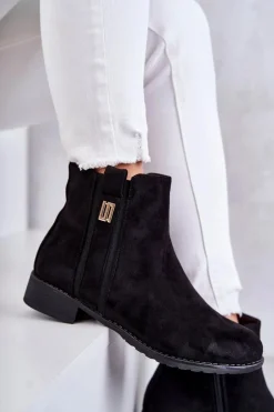 Damskie Zamszowe Botki Z Ozdobą Czarne Giana