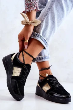 Damskie Zamszowe Buty Sportowe Na Koturnie Czarne Larson