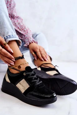 Damskie Zamszowe Buty Sportowe Na Koturnie Czarne Larson