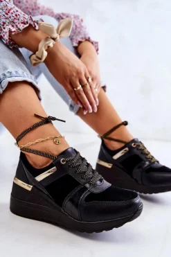 Damskie Zamszowe Buty Sportowe Na Koturnie Czarne Larson