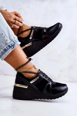 Damskie Zamszowe Buty Sportowe Na Koturnie Czarne Larson