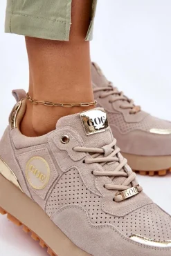 Damskie Zamszowe Buty Sportowe Na Platformie GOE LL2N4001 Beżowe