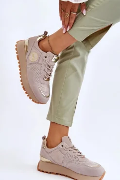 Damskie Zamszowe Buty Sportowe Na Platformie GOE LL2N4001 Beżowe