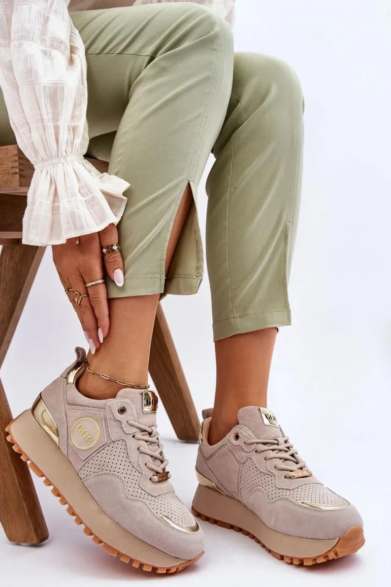 Damskie Zamszowe Buty Sportowe Na Platformie GOE LL2N4001 Beżowe