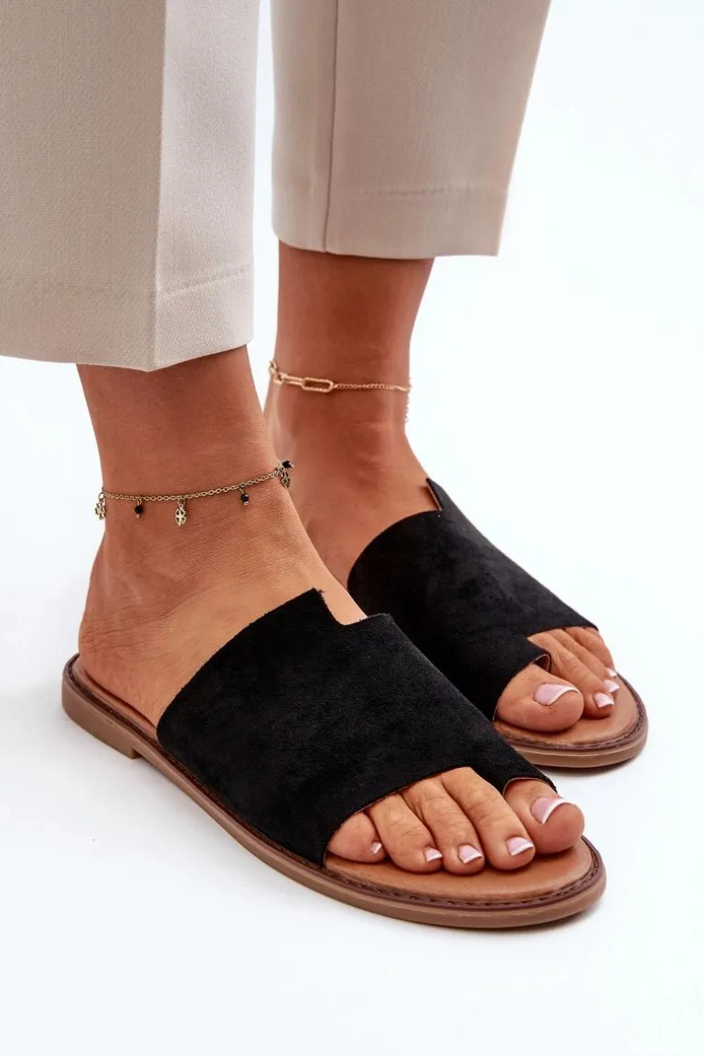 Damskie Zamszowe Klapki Japonki Czarne Amite