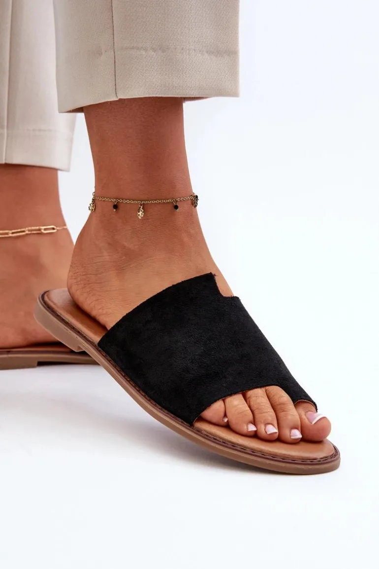 Damskie Zamszowe Klapki Japonki Czarne Amite