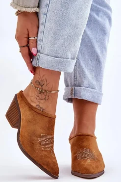 Damskie Zamszowe Klapki Kowbojki Camel Romina