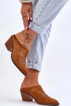 Damskie Zamszowe Klapki Kowbojki Camel Romina