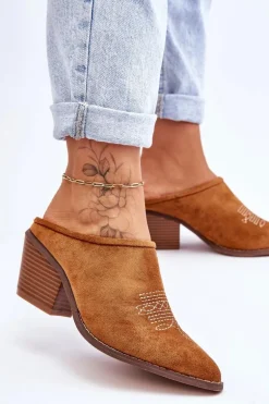 Damskie Zamszowe Klapki Kowbojki Camel Romina