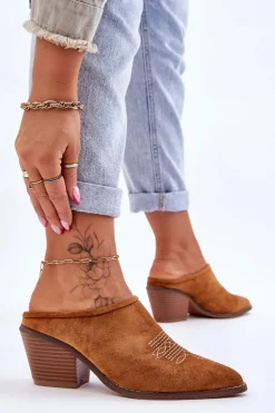 Damskie Zamszowe Klapki Kowbojki Camel Romina