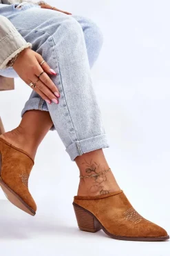 Damskie Zamszowe Klapki Kowbojki Camel Romina