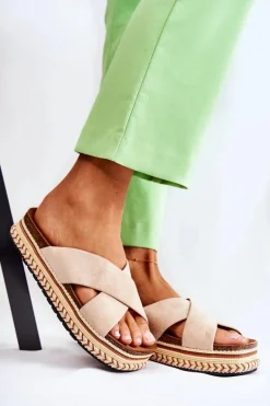 Damskie Zamszowe Klapki Na Platformie Beżowe Jossie