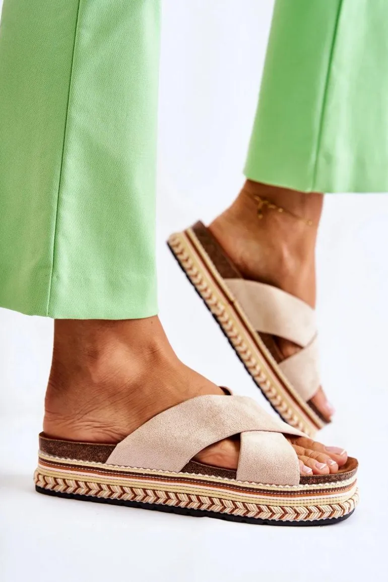 Damskie Zamszowe Klapki Na Platformie Beżowe Jossie