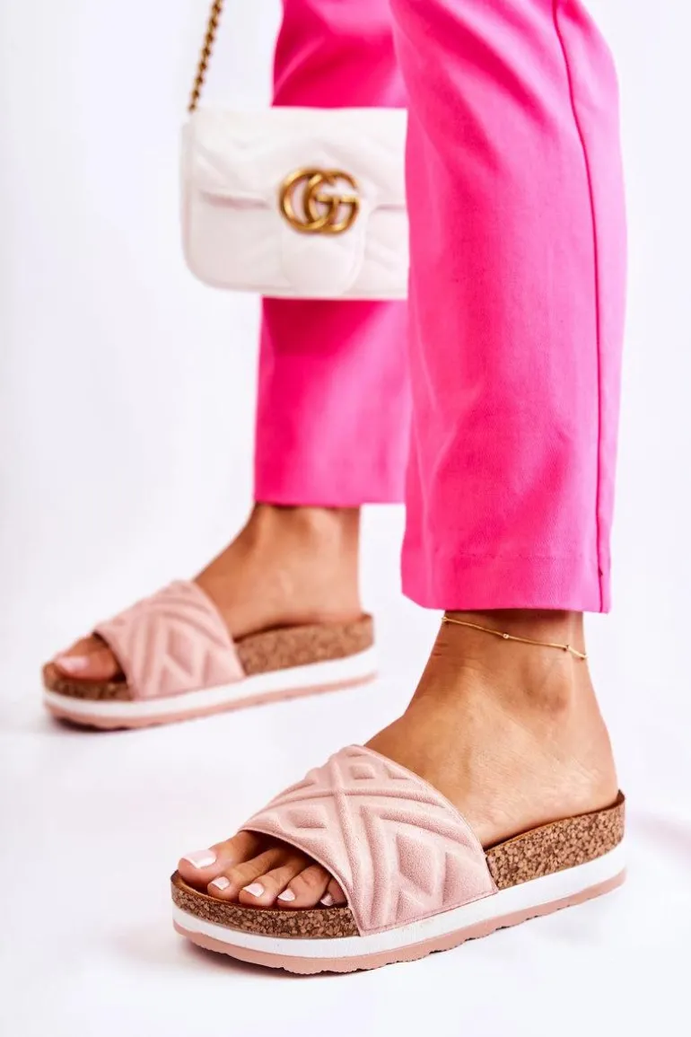 Damskie Zamszowe Klapki Na Masywnej Platformie Różowe Heritta