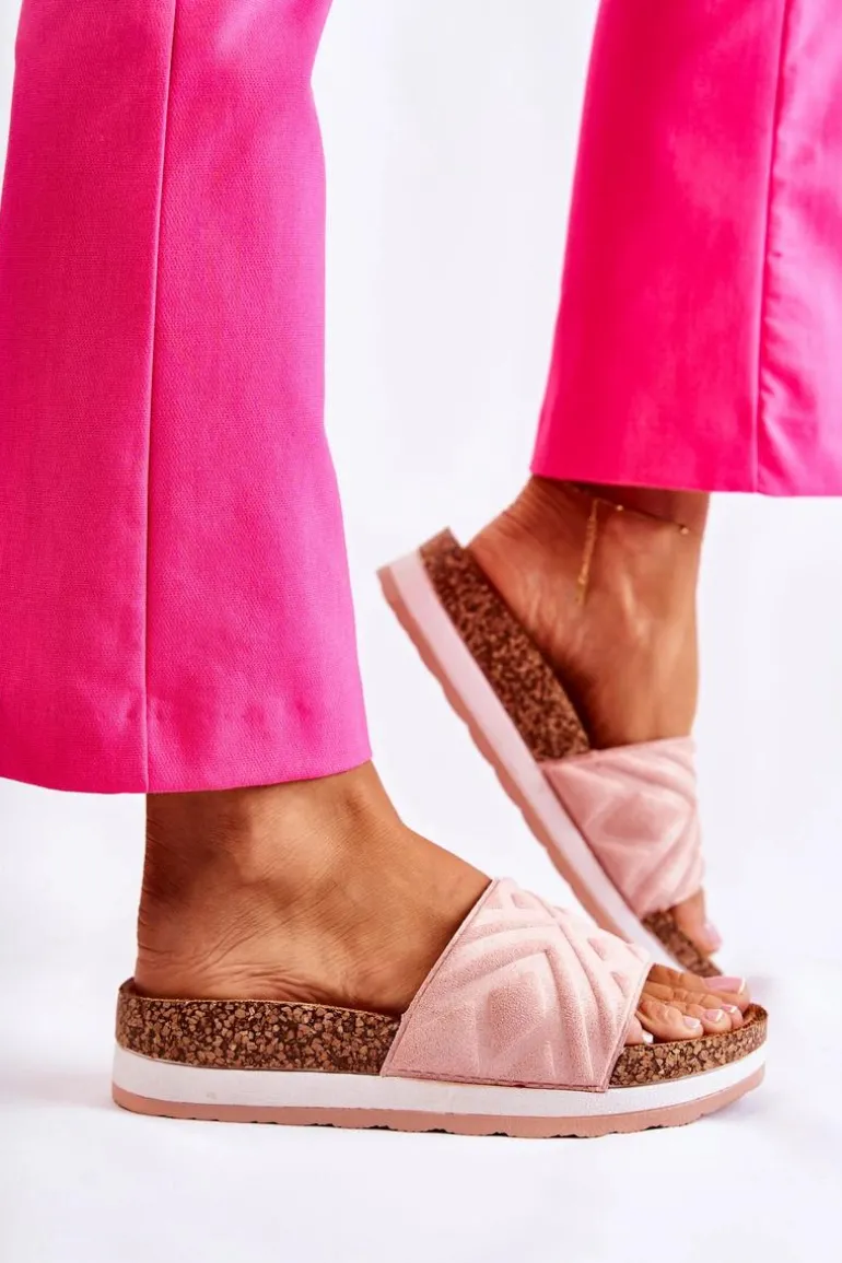 Damskie Zamszowe Klapki Na Masywnej Platformie Różowe Heritta