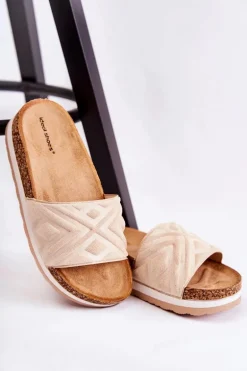 Damskie Zamszowe Klapki Na Masywnej Platformie Beżowe Heritta