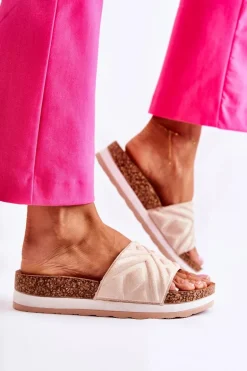 Damskie Zamszowe Klapki Na Masywnej Platformie Beżowe Heritta