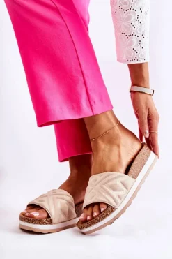 Damskie Zamszowe Klapki Na Masywnej Platformie Beżowe Heritta