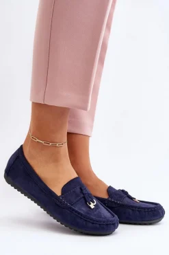 Damskie Zamszowe Klasyczne Mokasyny Granatowe Ontala