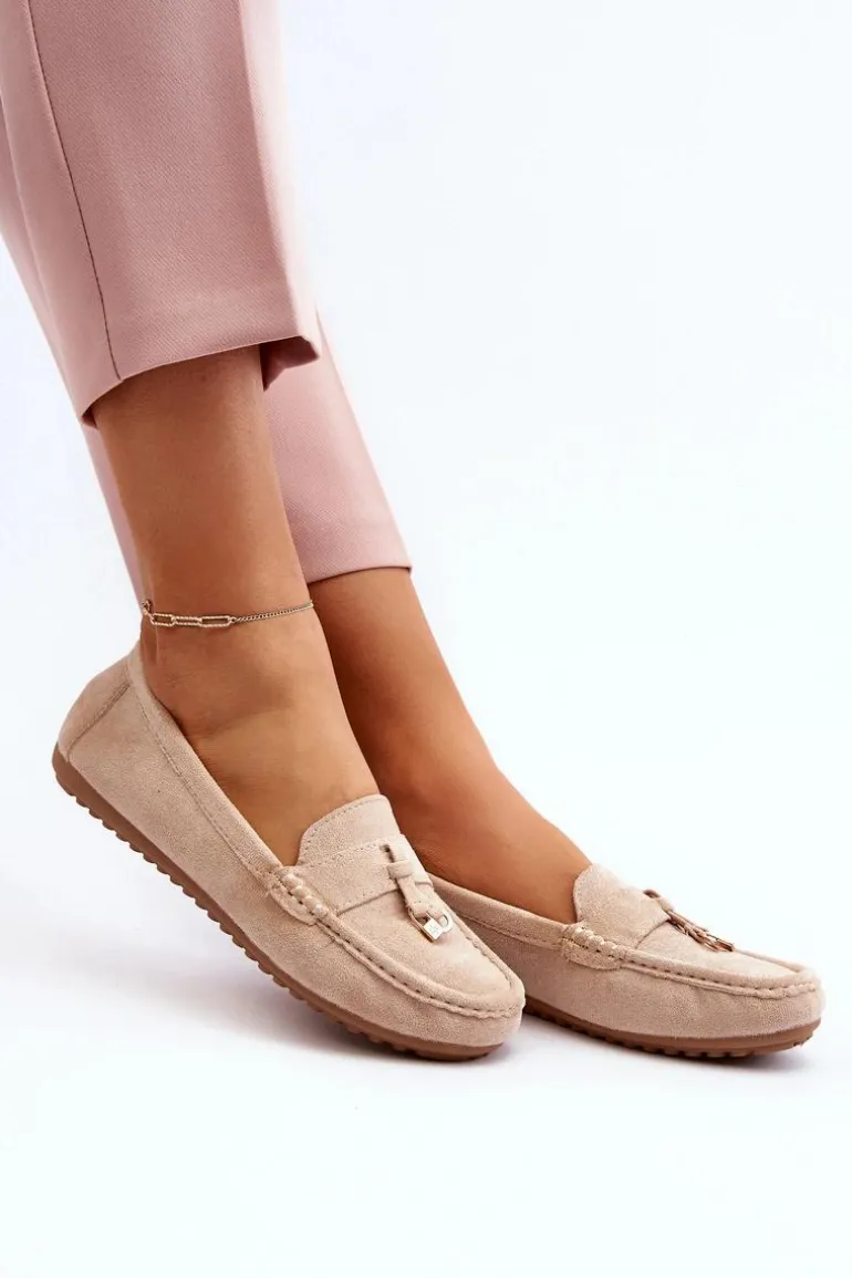 Damskie Zamszowe Klasyczne Mokasyny Beżowe Ontala