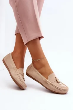 Damskie Zamszowe Klasyczne Mokasyny Beżowe Ontala