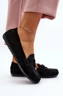Damskie Zamszowe Klasyczne Mokasyny Czarne Ontala