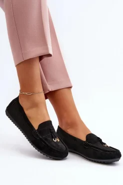 Damskie Zamszowe Klasyczne Mokasyny Czarne Ontala