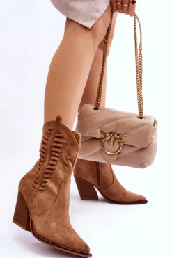 Damskie Zamszowe Kowbojki Botki Na Suwak Brązowe Lanna