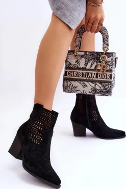 Damskie Zamszowe Kowbojki Botki Na Słupku Czarne Norvella