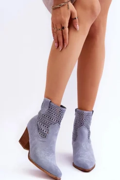 Damskie Zamszowe Kowbojki Botki Na Słupku Jasnoniebieskie Norvella