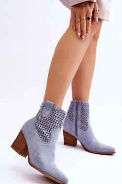 Damskie Zamszowe Kowbojki Botki Na Słupku Jasnoniebieskie Norvella