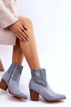 Damskie Zamszowe Kowbojki Botki Na Słupku Jasnoniebieskie Norvella