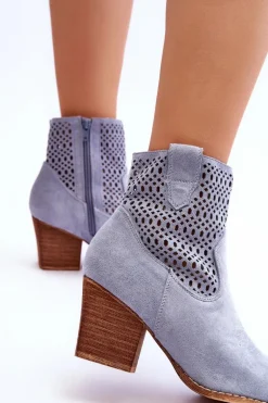 Damskie Zamszowe Kowbojki Botki Na Słupku Jasnoniebieskie Norvella