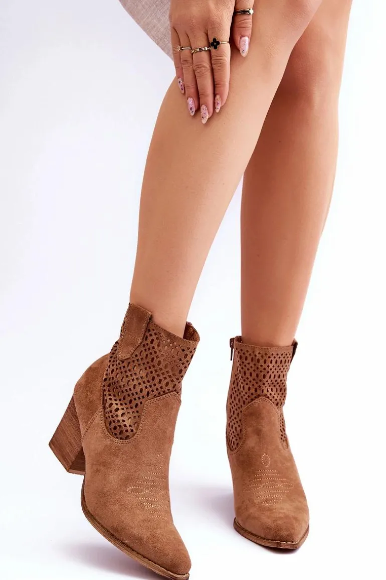 Damskie Zamszowe Kowbojki Botki Na Słupku Brązowe Norvella