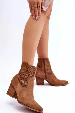 Damskie Zamszowe Kowbojki Botki Na Słupku Brązowe Norvella