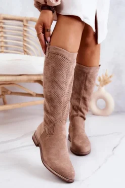 Damskie Zamszowe Kozaki Ażurowe Beżowe Thessie