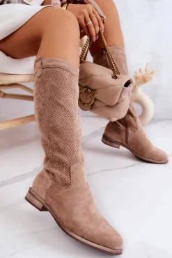 Damskie Zamszowe Kozaki Ażurowe Beżowe Thessie